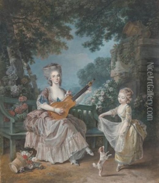 A Lady Playing Guitar And A Child Playing With A Dog In A Garden Oil Painting - Louis Rolland Trinquesse