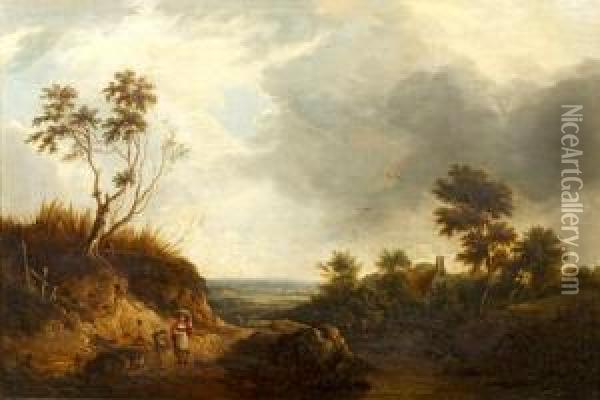 Figures In An Extensive Landscape Oil Painting - Edward Jr Williams