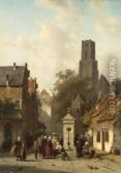 Vegetable Sellers At A Town Well
 In A Sunlit Dutch Town; A Market Scene In A 
Wintry Dutch Town Oil Painting - Charles Henri Leickert