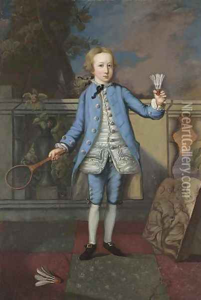 Portrait Of A Young Gentleman, Full-Length, In A Blue Coat And White Waistcoat Oil Painting - English School