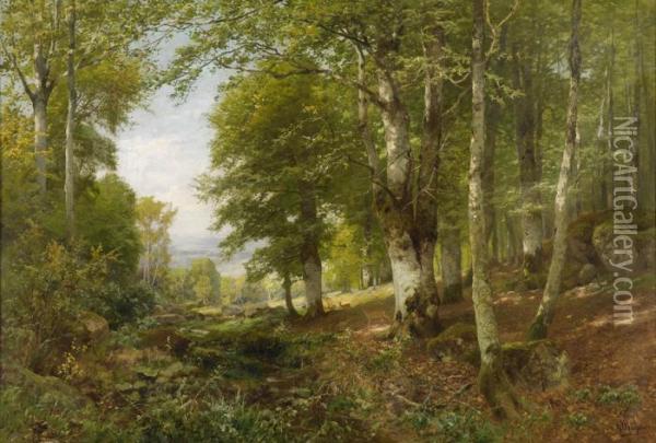 Waldlandschaft Mit Bachlauf Und Hirschrudel. Oil Painting - Heinrich Bohmer