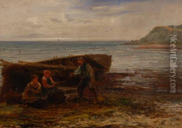Fisher Folk Mending Nets On The Beach Oil Painting - John Chalmers