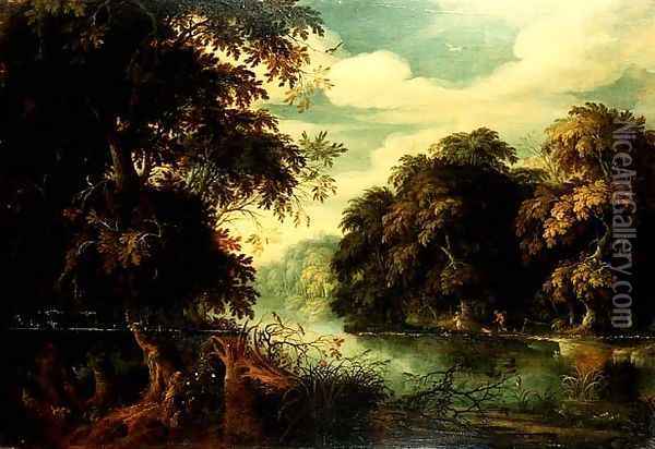 Forest landscape with birdcatchers beside a river Oil Painting - Alexander Keirincx
