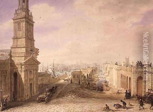 Old and New London Bridges, 1831 Oil Painting - George the Elder Scharf