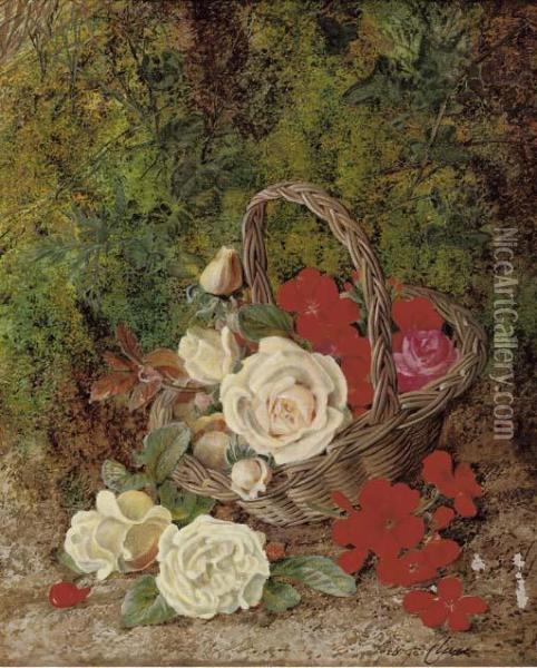 Roses And Geraniums In A Wicker Basket Before A Mossy Bank Oil Painting - George Clare