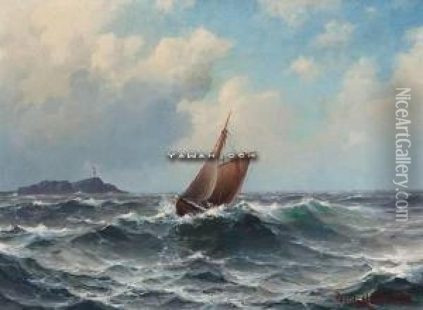 Losbat Pa Stormfullt Hav Oil Painting - Lars Laurits Larsen Haaland