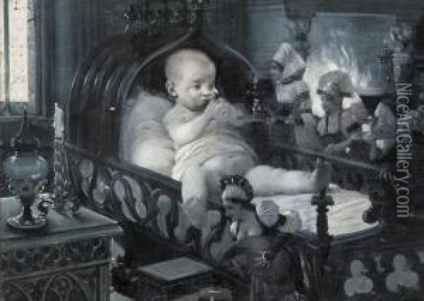 Gargantua Dans Son Berceau, Illustration Du Chapitre Vii Degargantua Oil Painting - Louis Chalon