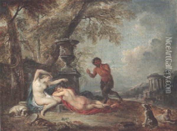 A Satyr And Two Sleeping Nymphs In An Italianate Landscape, A Temple Beyond Oil Painting - Jean Baptiste Lallemand