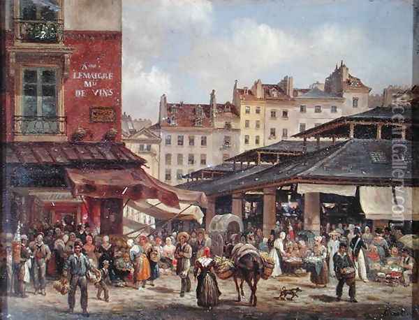 View of the Market at Les Halles, c. 1828 Oil Painting - Guiseppe Canella