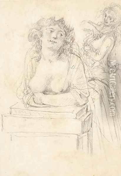A bare-breasted woman leaning over a pedestal, another woman in the background Oil Painting - Augustin de Saint-Aubin