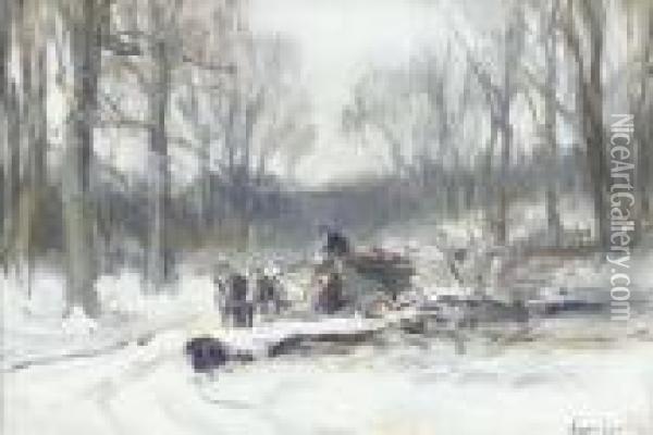 A Horse-drawn Cart On A Frosty Winter Track Oil Painting - Louis Apol
