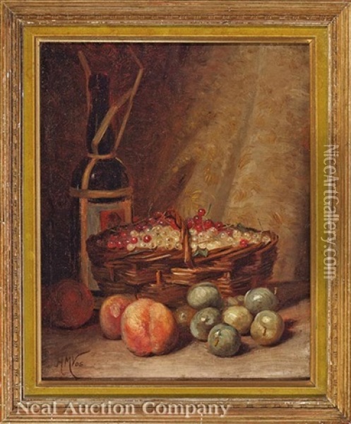 Still Life With Wine Bottle, Currants, Gooseberries, And Peaches Oil Painting - Hubert Vos