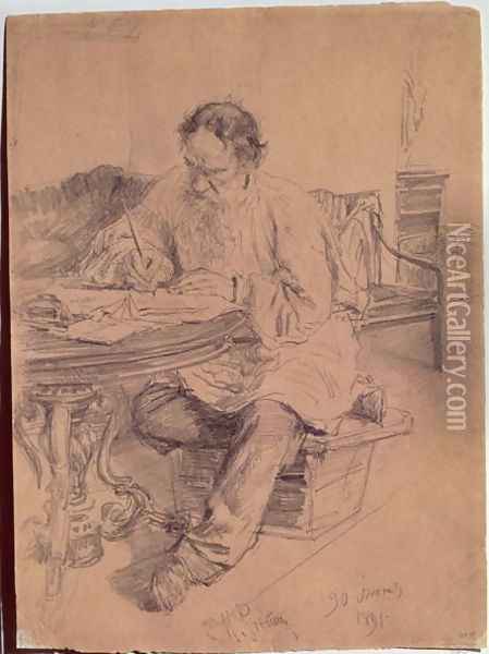 Lev Nikolaevich Tolstoy (1828-1910) at Work, 1891 Oil Painting - Ilya Efimovich Efimovich Repin