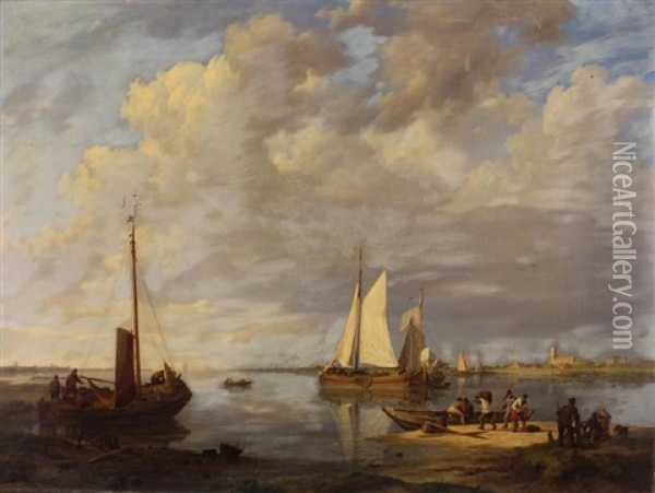 The Mouth Of A Dutch River, With Sailing Barges & Figures Oil Painting - Johannes Hermanus Koekkoek