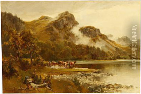 River Landscape With Cattle Watering Oil Painting - Thomas Greenhalch