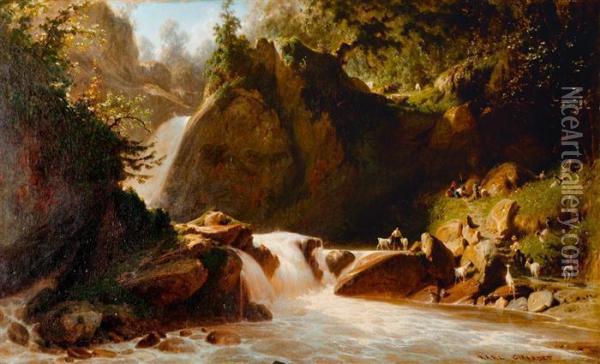 Mountain Landscape With Rushing Mountain Stream, Herdsmen And Goats Oil Painting - Karl Girardet