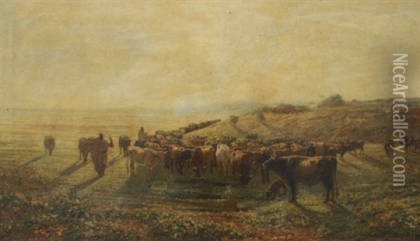 Atmospheric Landscape With Cattle Herders And Herd Oil Painting - Francois Lauret
