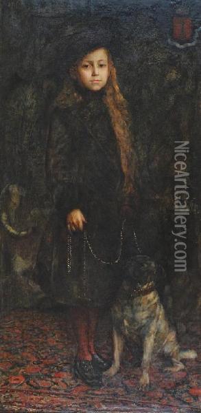 Portret Hrabianki Z Mopsem Oil Painting - Thaddaus von Ajdukiewicz