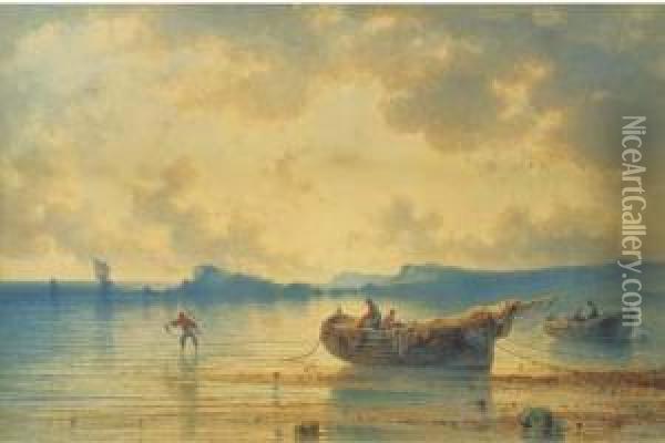 Fishermen Tending To Their Nets At Sunset Oil Painting - Johannes Hilverdink