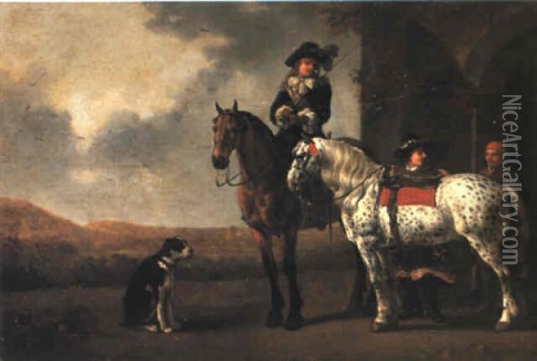 Gentlemen With Horses And A Blacksmith At A Gate Oil Painting - Abraham Van Calraet