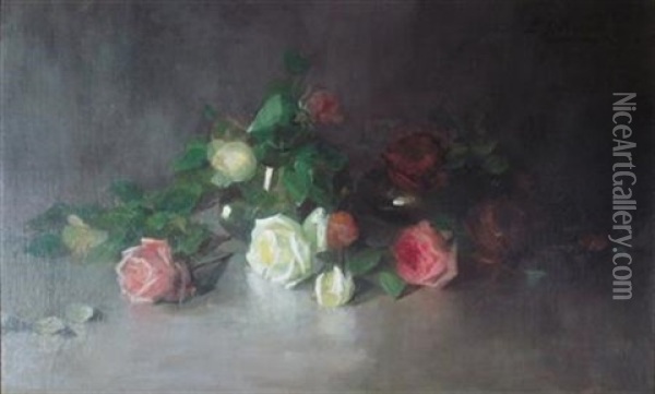 A Still Life Of Yellow And Red Roses Oil Painting - Louise Ellen Perman