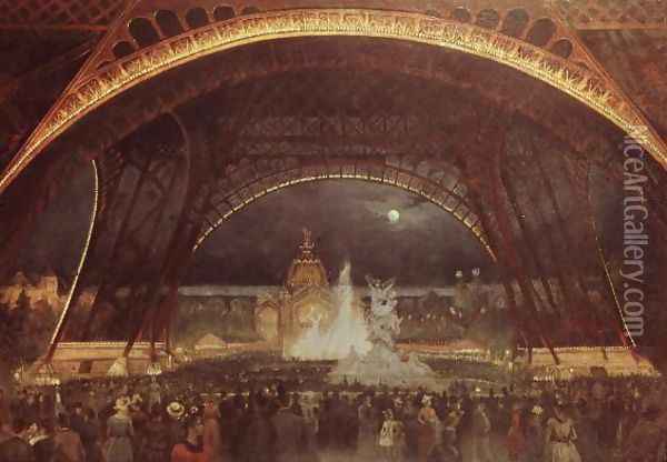 Celebration on the night of the Exposition Universelle in 1889 on the esplanade of the Champs de Mars Oil Painting - Francois Geoffroy Roux