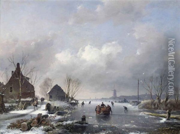 Skaters By A Hamlet On A Dutch Waterway Oil Painting - Andreas Schelfhout