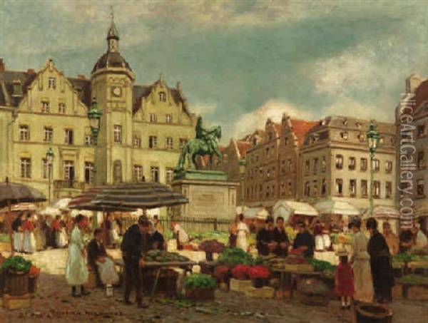 Markttag Vor Dem Rathaus In Dusseldorf Oil Painting - Heinrich Hermanns