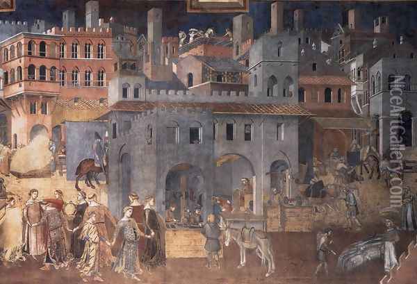 Effects of Good Government on the City Life (detail-4) 1338-40 Oil Painting - Ambrogio Lorenzetti