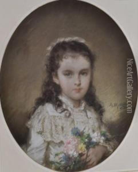 Portrait Of A Young Girl Holding A Bunch Of Flowers Oil Painting - Alphonse Frederic Muraton