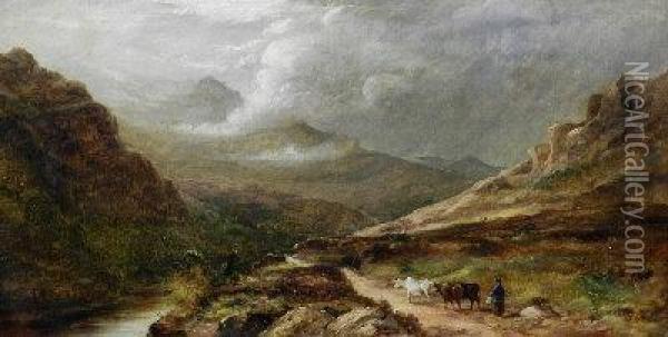 A Figure With Cattle On A Highland Path Oil Painting - Walter Williams