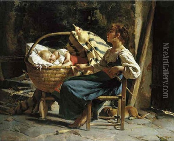 Maternal Instincts Oil Painting - Luigi Bechi