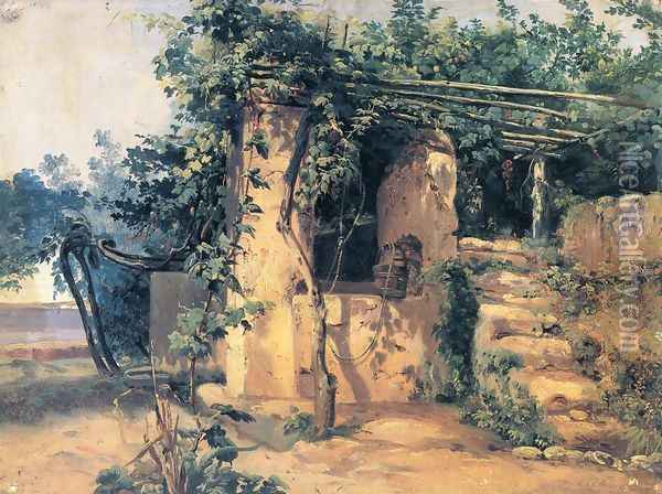 A Vine-Covered Terrace with a Well and a View of the Sea Oil Painting - Johann Baptist Kirner