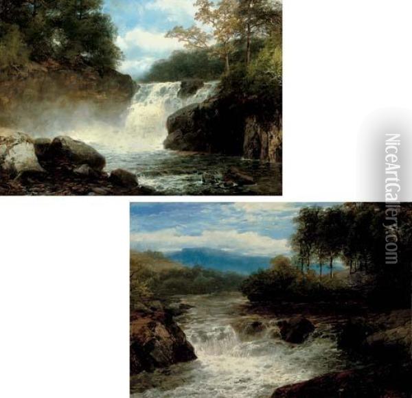 A Wooded River Landscape With Waterfall; And Another Similar Oil Painting - John Brandon Smith