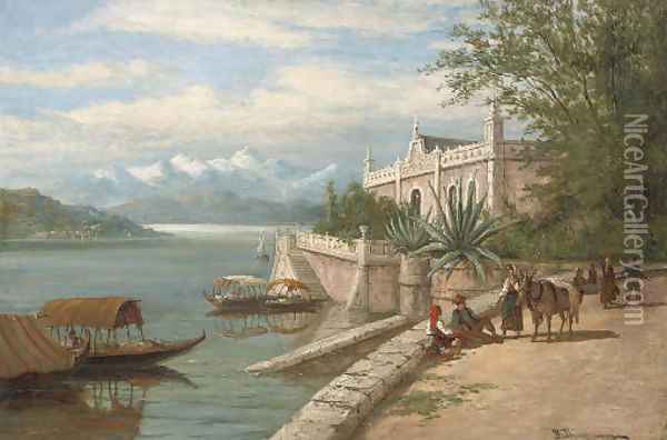 Travellers resting before lake Como Oil Painting - William Raymond Dommersen