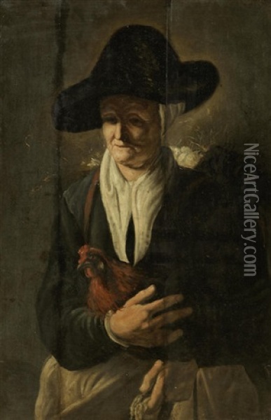 An Elderly Lady Holding A Chicken Oil Painting - Govert Dircksz Camphuysen