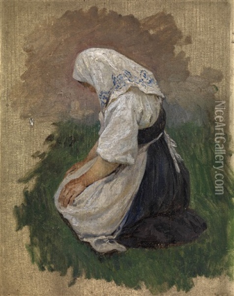 Kneeling Woman (study) Oil Painting - Klavdiy Vasilievich Lebedev