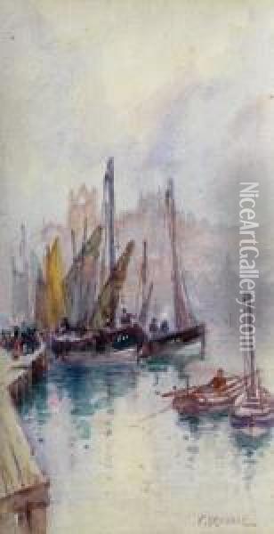Fishing Boats In Whitby Harbour Oil Painting - Frank Rousse
