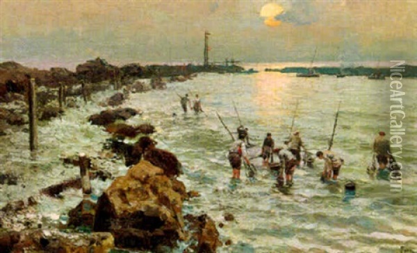 Gathering Mussels, Napoli Oil Painting - Attilio Pratella