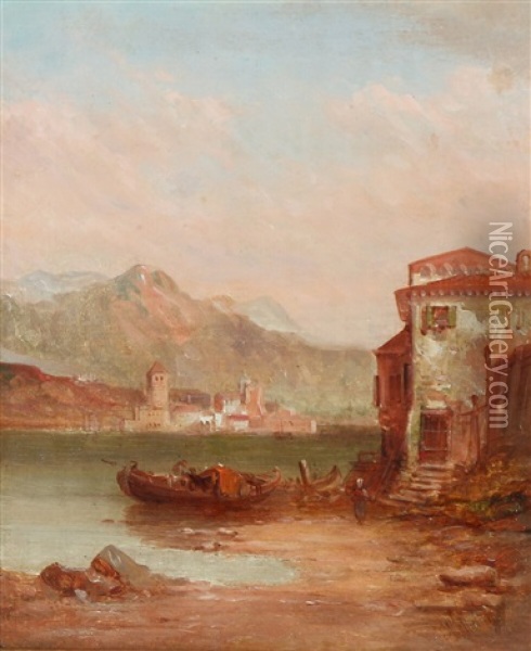 Italian Coastal Scape With Mountains In The Back Oil Painting - Alfred Pollentine