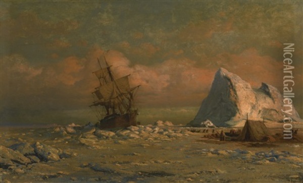 Shipping Vessel With Ice Floes And Figures Oil Painting - William Bradford