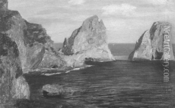 Blick Auf Die Faraglioni-felsen And Der Kuste Capris Oil Painting - Gustav Schoenleber
