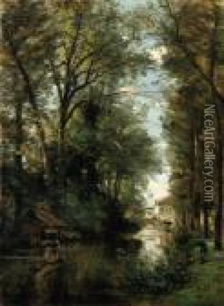 Figures Along A Wooded Canal
Oil On Canvas Oil Painting - Achille Francois Oudinot