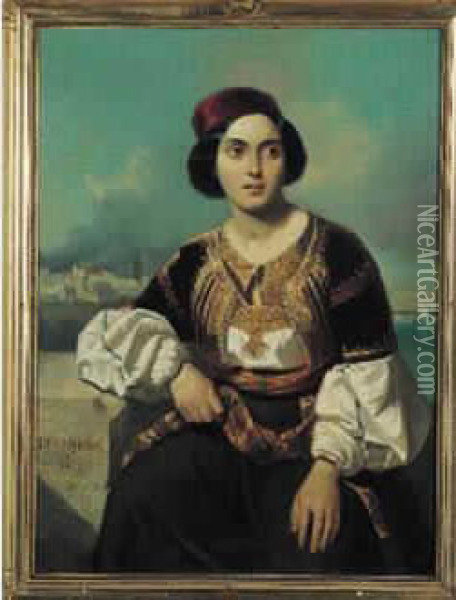 Portrait De Kira Frossini En Costume Grec Oil Painting - Alexandre Gabriel Decamps