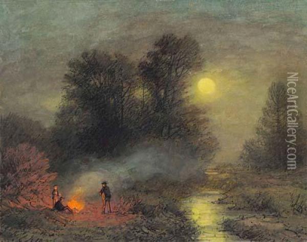 A Night Landscape With Figures At A Campfire Oil Painting - Carl Johann Kruger