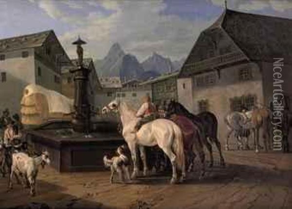 Figures And Animals Gathered Around Der Maria Springbrunnen Oil Painting - Johann Wilhelm Baumeister