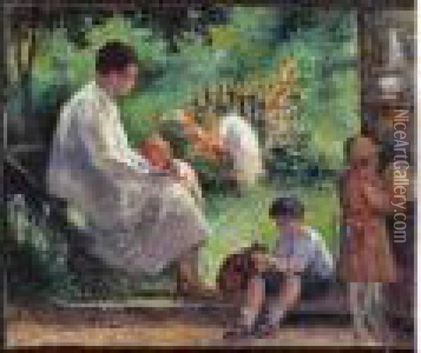 Mere Et Enfants Au Jardin Oil Painting - Maximilien Luce