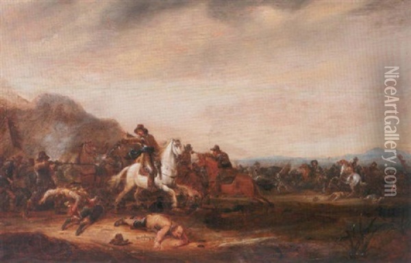 A Cavalry Skirmish On An Italianate Plain Oil Painting - Abraham van der Hoef