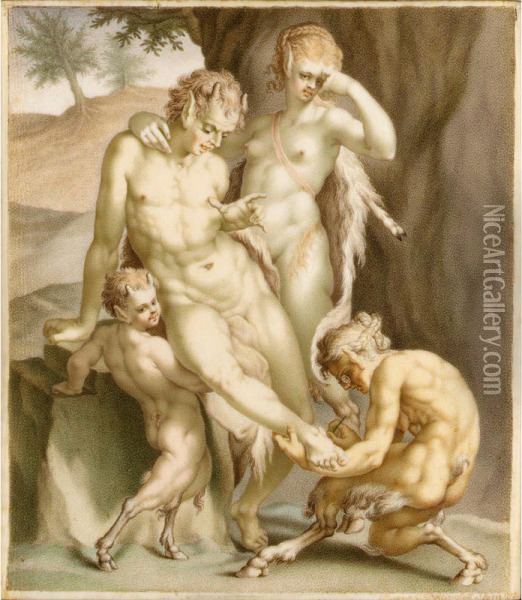 A Satyr And Two Meneads Removing A Splinter Oil Painting - Karl-Gustav Klingstedt
