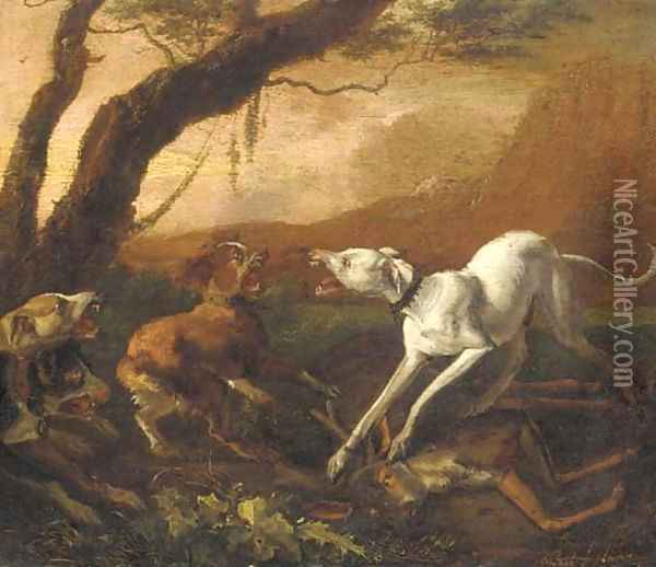 Dogs fighting ovar a dead stag in a landscape Oil Painting - Abraham Danielsz. Hondius